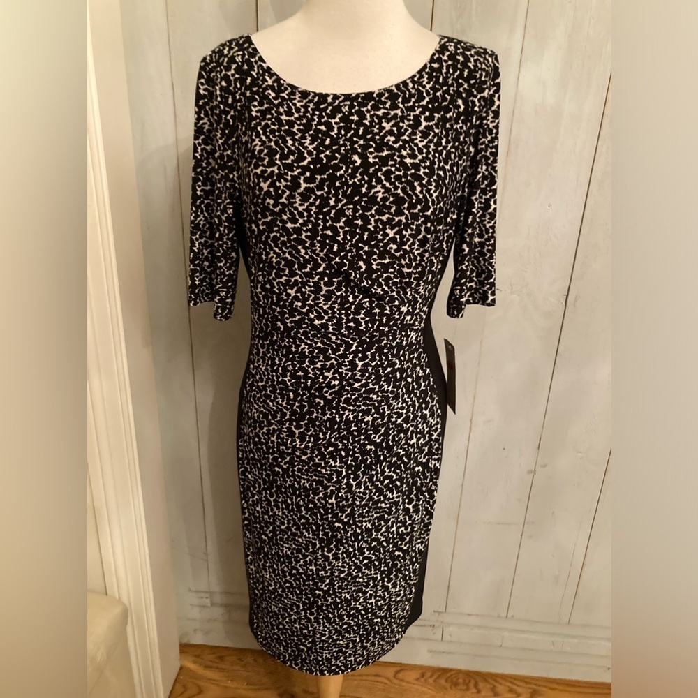 LAUREN RALPH LAUREN Sz 8 Sheath Dress Black Ivory 3/4 Sleeve Stretch Knee Length